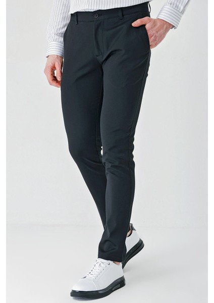 Siyah Armürlü Pamuklu Yan Cepli Slim Fit Dar Kesim Casual Pantolon 1003240156