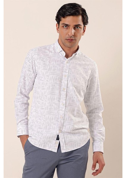 Beyaz Uzun Kollu Baskılı Oxford Cepsiz Pamuklu Klasik Slim Fit Dar Kesim Gömlek 1004230170 modelleri