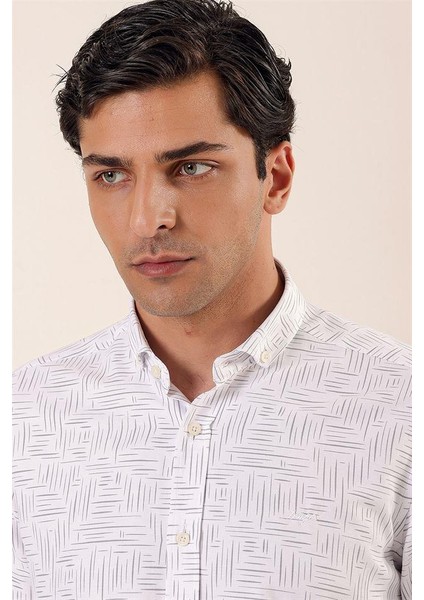 Beyaz Uzun Kollu Baskılı Oxford Cepsiz Pamuklu Klasik Slim Fit Dar Kesim Gömlek 1004230170 fırsatları