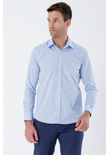 Mavi Uzun Kollu Bez Ayağı Sert Yaka Cepsiz Pamuklu Basic Slim Fit Dar Kesim Gömlek 1004235357