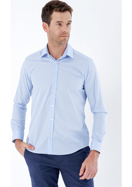 Mavi Uzun Kollu Bez Ayağı Sert Yaka Cepsiz Pamuklu Basic Slim Fit Dar Kesim Gömlek 1004235357 modelleri