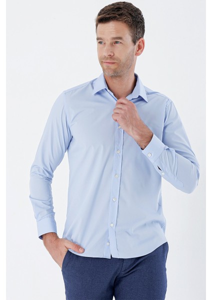 Mavi Uzun Kollu Bez Ayağı Sert Yaka Cepsiz Pamuklu Basic Slim Fit Dar Kesim Gömlek 1004235357 indirimleri