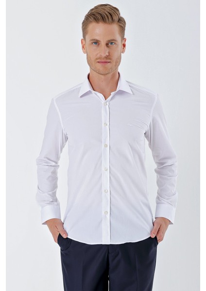 Beyaz Uzun Kollu Bez Ayağı Sert Yaka Cepsiz Pamuklu Basic Slim Fit Dar Kesim Gömlek 1004230357