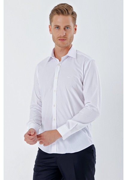 Beyaz Uzun Kollu Bez Ayağı Sert Yaka Cepsiz Pamuklu Basic Slim Fit Dar Kesim Gömlek 1004230357 fiyatları