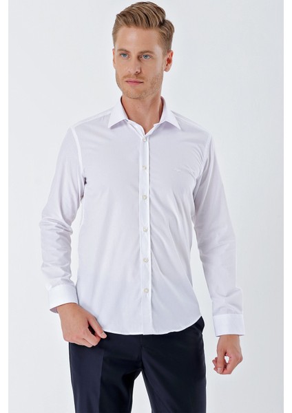 Beyaz Uzun Kollu Bez Ayağı Sert Yaka Cepsiz Pamuklu Basic Slim Fit Dar Kesim Gömlek 1004230357 modelleri