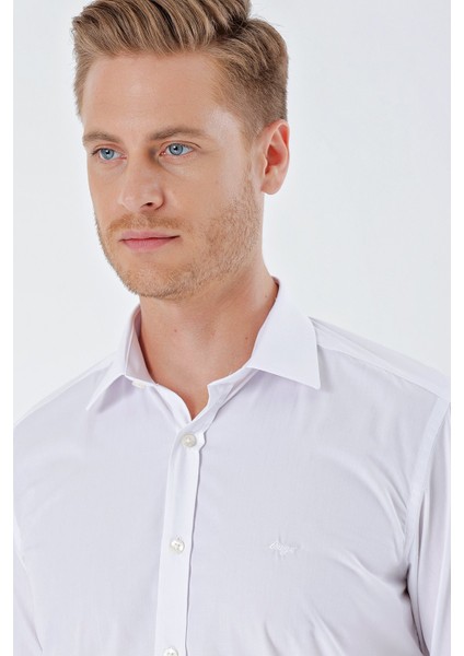 Beyaz Uzun Kollu Bez Ayağı Sert Yaka Cepsiz Pamuklu Basic Slim Fit Dar Kesim Gömlek 1004230357 indirimleri