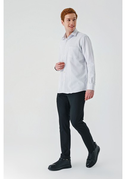 Gri Uzun Kollu Çizgili Italyan Yaka Cepsiz Garnili Pamuklu Klasik Slim Fit Gömlek 1004240151 fiyatları