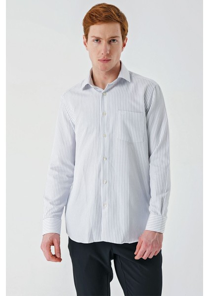 Gri Uzun Kollu Çizgili Italyan Yaka Cepsiz Garnili Pamuklu Klasik Slim Fit Gömlek 1004240151 modelleri