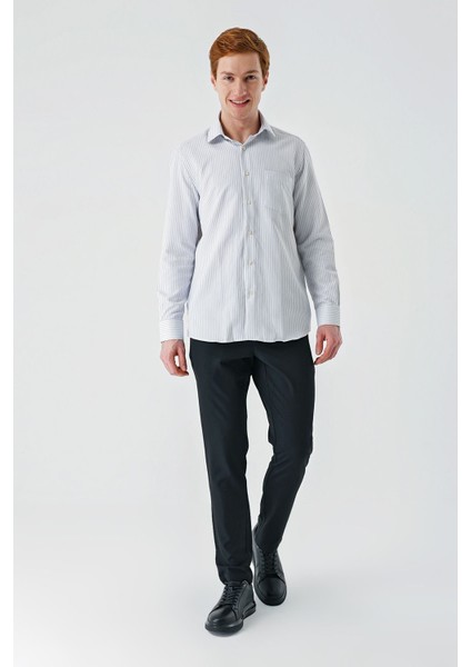 Gri Uzun Kollu Çizgili Italyan Yaka Cepsiz Garnili Pamuklu Klasik Slim Fit Gömlek 1004240151 fırsatları