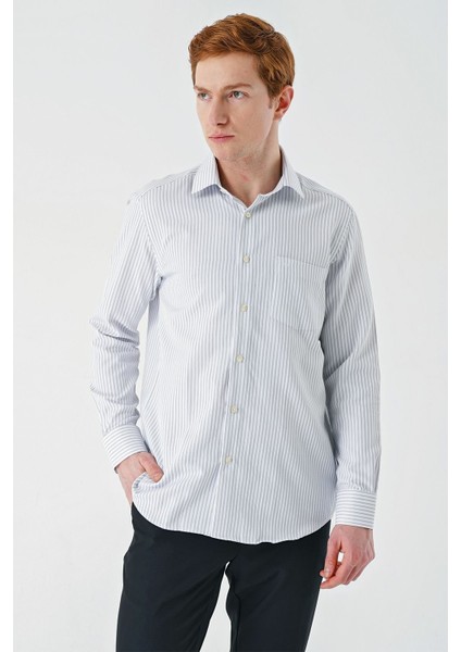 Gri Uzun Kollu Çizgili Italyan Yaka Cepsiz Garnili Pamuklu Klasik Slim Fit Gömlek 1004240151 indirimleri
