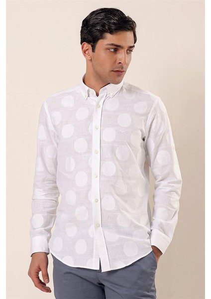 Beyaz Kısalabilir Kollu Desenli Jakarlıcepsiz %100 Pamuk Casual Slim Fit Gömlek 1004230183