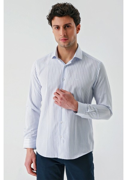 Beyaz Uzun Kollu Çizgili Armürlü Cepsiz Pamuklu Klasik Slim Fit Dar Kesim Gömlek 1004240229