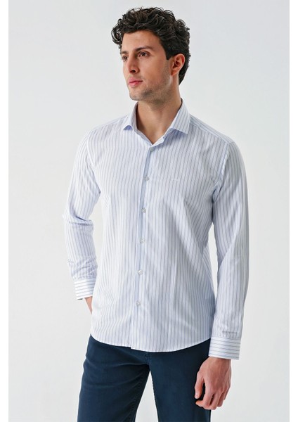Beyaz Uzun Kollu Çizgili Armürlü Cepsiz Pamuklu Klasik Slim Fit Dar Kesim Gömlek 1004240229 modelleri