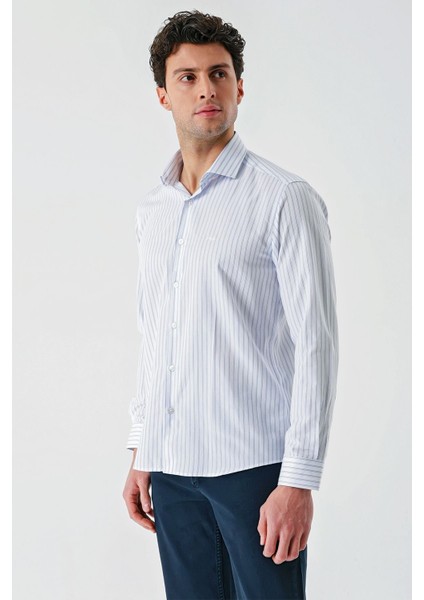 Beyaz Uzun Kollu Çizgili Armürlü Cepsiz Pamuklu Klasik Slim Fit Dar Kesim Gömlek 1004240229 indirimleri