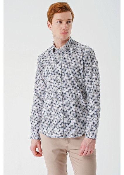 Açık Bej Uzun Kollu Baskılı Garnili Pamuklu Casual Slim Fit Dar Kesim Gömlek 1004240211