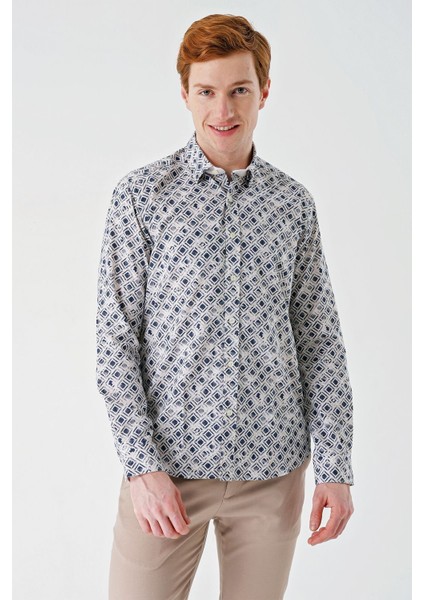 Açık Bej Uzun Kollu Baskılı Garnili Pamuklu Casual Slim Fit Dar Kesim Gömlek 1004240211 modelleri
