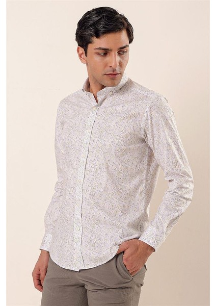 Sarı Uzun Kollu Baskılı Cepsiz Pamuklu Likralı Casual Slim Fit Dar Kesim Gömlek 1004230136