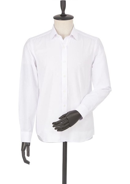 Beyaz Uzun Kollu Filafil Desen Filafil Sert Yaka Cepsiz Pamuklu Basic Slim Gömlek 1004230008