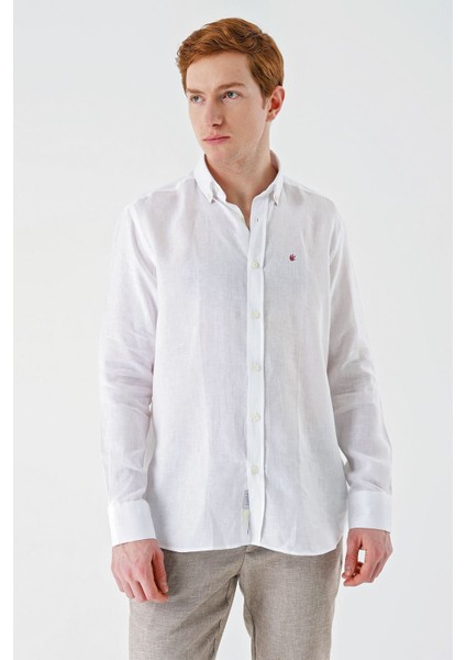 Beyaz Uzun Kollu Cepsiz Biyeli %100 Keten Klasik Comfort Fit Rahat Kesim Gömlek 1004240186 modelleri