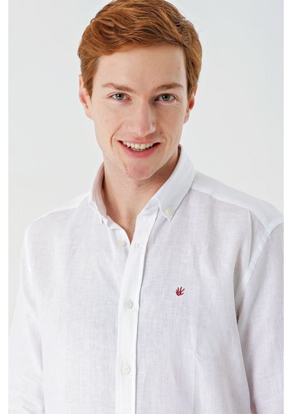 Beyaz Uzun Kollu Cepsiz Biyeli %100 Keten Klasik Comfort Fit Rahat Kesim Gömlek 1004240186 fırsatları