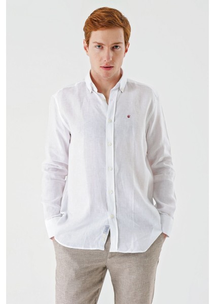 Beyaz Uzun Kollu Cepsiz Biyeli %100 Keten Klasik Comfort Fit Rahat Kesim Gömlek 1004240186 indirimleri