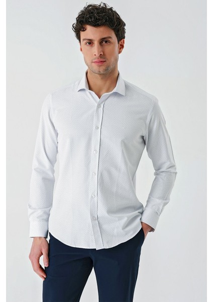 Mavi Uzun Kollu Desenli Armürlü Cepsiz Pamuklu Klasik Slim Fit Dar Kesim Gömlek 1004240189