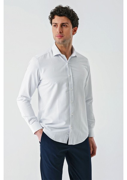 Mavi Uzun Kollu Desenli Armürlü Cepsiz Pamuklu Klasik Slim Fit Dar Kesim Gömlek 1004240189 modelleri