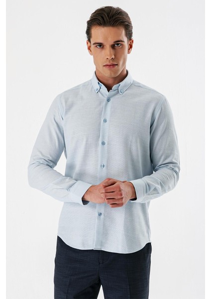 Koyu Mavi Uzun Kollu Desenli Armürlü Düğmeli Yaka Cepsiz %100 Pamuk Slim Fit Gömlek 1004240175 fiyatları