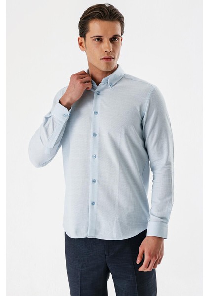 Koyu Mavi Uzun Kollu Desenli Armürlü Düğmeli Yaka Cepsiz %100 Pamuk Slim Fit Gömlek 1004240175 modelleri