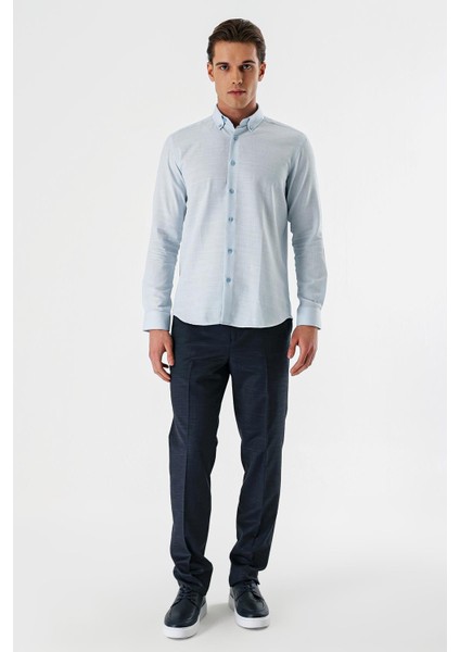 Koyu Mavi Uzun Kollu Desenli Armürlü Düğmeli Yaka Cepsiz %100 Pamuk Slim Fit Gömlek 1004240175 fırsatları