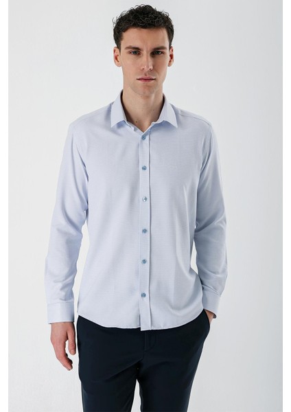 Koyu Mavi Uzun Kollu Desenli Armürlü Sert Yaka Cepsiz Pamuklu Slim Fit Dar Kesim Gömlek 1004235171 modelleri
