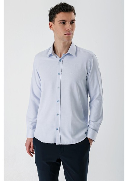 Koyu Mavi Uzun Kollu Desenli Armürlü Sert Yaka Cepsiz Pamuklu Slim Fit Dar Kesim Gömlek 1004235171 fırsatları