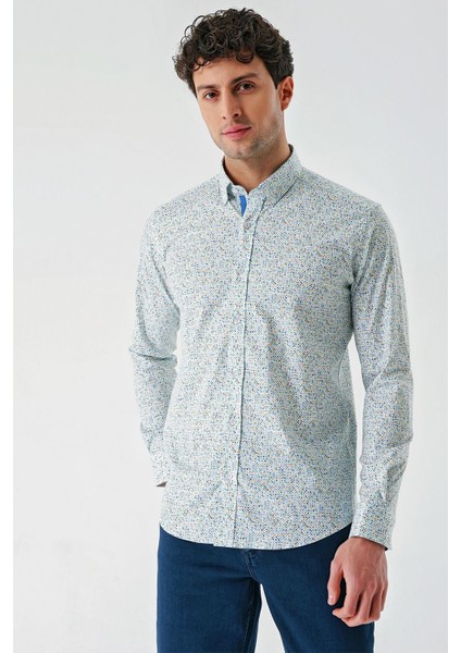 Beyaz Uzun Kollu Baskılı Sert Yaka Cepsiz Pamuklu Likralı Klasik Slim Fit Gömlek 1004240143 modelleri