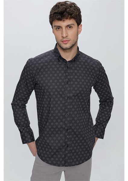 Uzun Kol Baskılı Bez Ayağı Düğmeli Yaka Cepsiz Klasik Slim Fit Dar Pamuklu Likralı Gömlek 1004225244 fiyatları