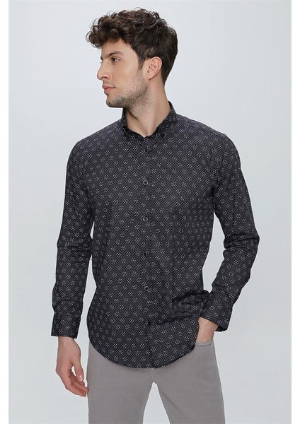 Uzun Kol Baskılı Bez Ayağı Düğmeli Yaka Cepsiz Klasik Slim Fit Dar Pamuklu Likralı Gömlek 1004225244 modelleri
