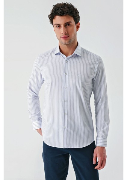 Beyaz Uzun Kollu Çizgili Armürlü Cepsiz Pamuklu Klasik Slim Fit Dar Kesim Gömlek 1004240229
