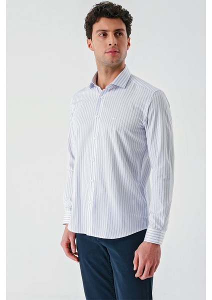 Beyaz Uzun Kollu Çizgili Armürlü Cepsiz Pamuklu Klasik Slim Fit Dar Kesim Gömlek 1004240229 modelleri