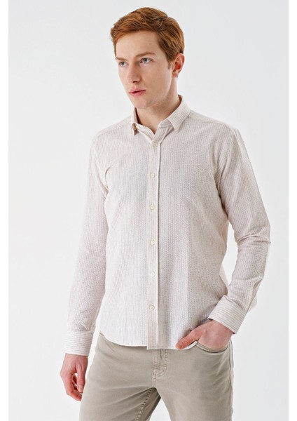 Bej Uzun Kollu Çizgili Biritli Yaka Pamuklu Likralı Casual Slim Fit Dar Kesim Gömlek 1004240233 fiyatları