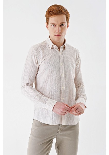 Bej Uzun Kollu Çizgili Biritli Yaka Pamuklu Likralı Casual Slim Fit Dar Kesim Gömlek 1004240233 modelleri