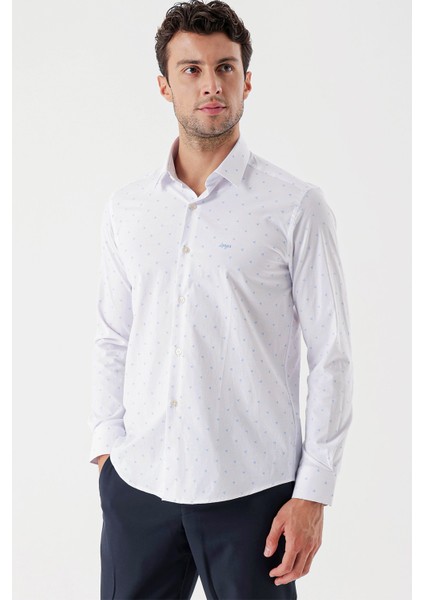 Beyaz Uzun Kollu Baskılı Bez Ayağı Sert Yaka Cepsiz Garnili Klasik Slim Fit Gömlek 1004235106 modelleri