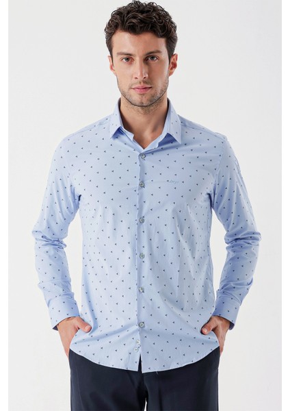 Koyu Mavi Uzun Kollu Baskılı Bez Ayağı Sert Yaka Cepsiz Garnili Klasik Slim Fit Gömlek 1004235106