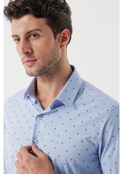 Koyu Mavi Uzun Kollu Baskılı Bez Ayağı Sert Yaka Cepsiz Garnili Klasik Slim Fit Gömlek 1004235106 indirimleri