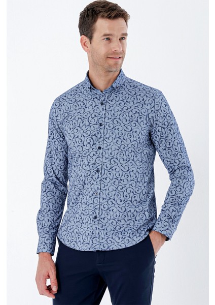 Koyu Lacivert Uzun Kollu Baskılı Bez Ayağı Cepsiz Pamuklu Likralı Klasik Slim Fit Gömlek 1004235208 modelleri