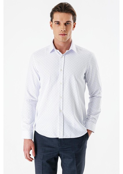 Beyaz Uzun Kollu Baskılı Bez Ayağı Sert Yaka Cepsiz Pamuklu Slim Fit Dar Kesim Gömlek 1004235169