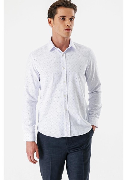 Beyaz Uzun Kollu Baskılı Bez Ayağı Sert Yaka Cepsiz Pamuklu Slim Fit Dar Kesim Gömlek 1004235169 modelleri