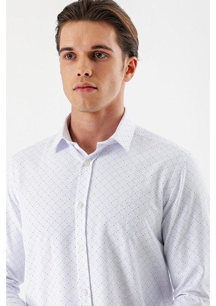 Beyaz Uzun Kollu Baskılı Bez Ayağı Sert Yaka Cepsiz Pamuklu Slim Fit Dar Kesim Gömlek 1004235169 fırsatları
