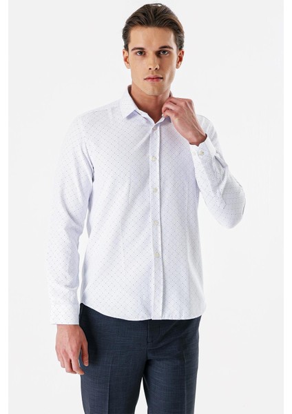 Beyaz Uzun Kollu Baskılı Bez Ayağı Sert Yaka Cepsiz Pamuklu Slim Fit Dar Kesim Gömlek 1004235169 indirimleri