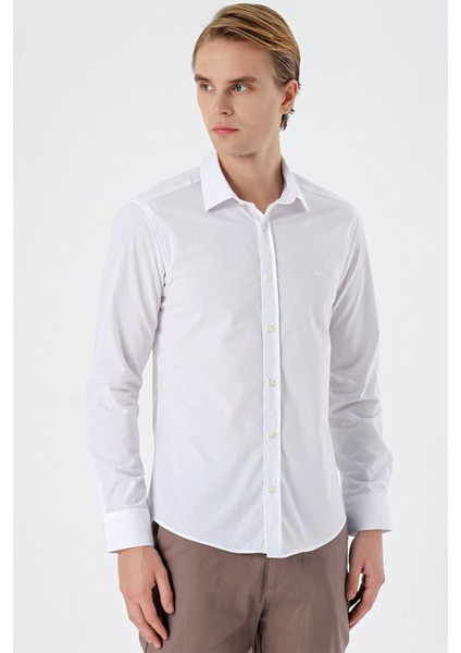 Beyaz Uzun Kollu Filafil Sert Yaka Cepsiz Pamuklu Basic Slim Fit Dar Kesim Gömlek 1004240008