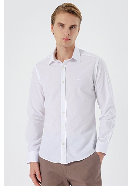 Beyaz Uzun Kollu Filafil Sert Yaka Cepsiz Pamuklu Basic Slim Fit Dar Kesim Gömlek 1004240008 fiyatları