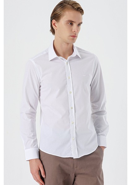 Beyaz Uzun Kollu Filafil Sert Yaka Cepsiz Pamuklu Basic Slim Fit Dar Kesim Gömlek 1004240008 modelleri